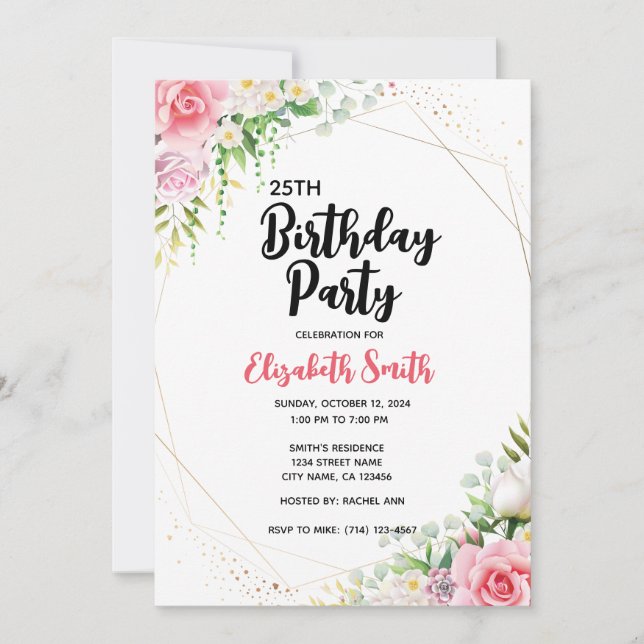Editable Birthday Party Floral Template for Any Ag (Front)