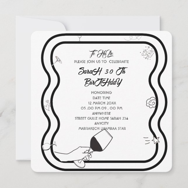 Editable Birthday Party Invi Hand Drawn  Invitatio Invitation (Front)