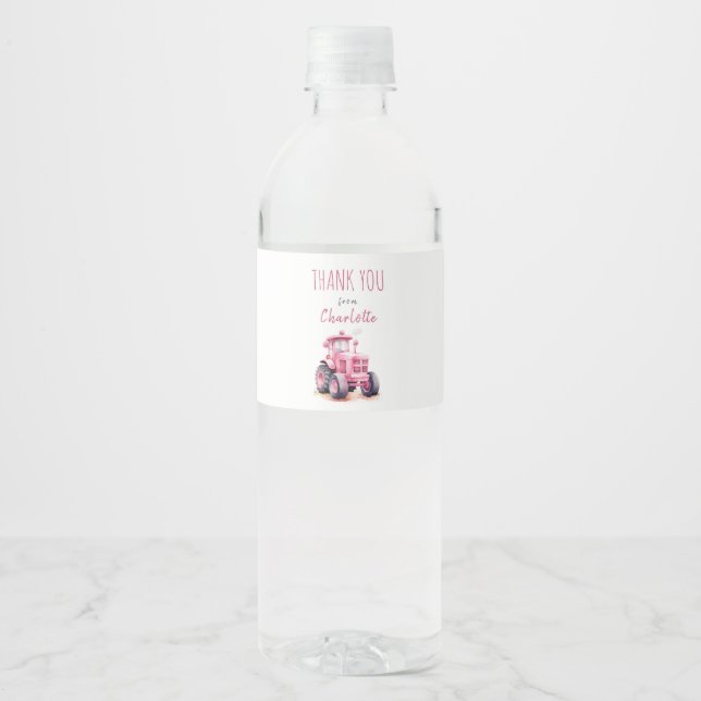 Editable Birthday Pink Tractor Water Bottle Label (Front)