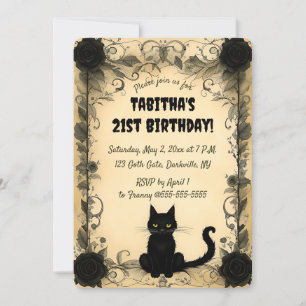Editable Black Cat And Black Flowers Invitation