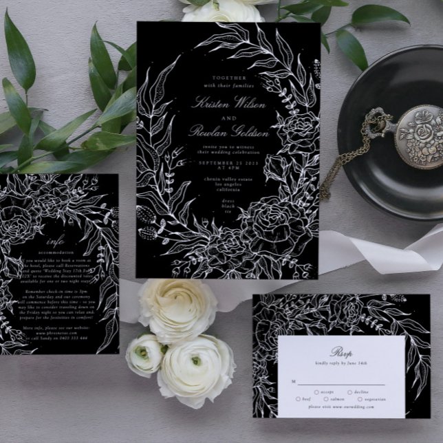 Editable Black Flower White Wreath Wedding Invitation (Invitation showcasing suite - additional items (bought separately))