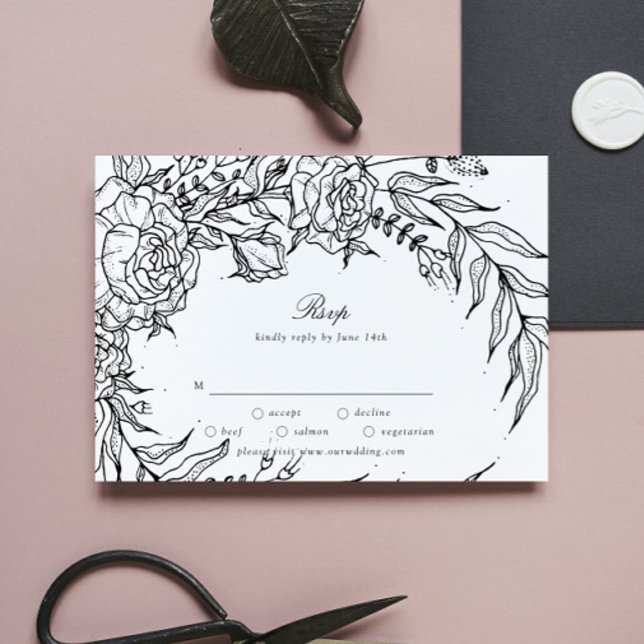Editable Black Flower White Wreath Wedding RSVP Card (Creator Uploaded)