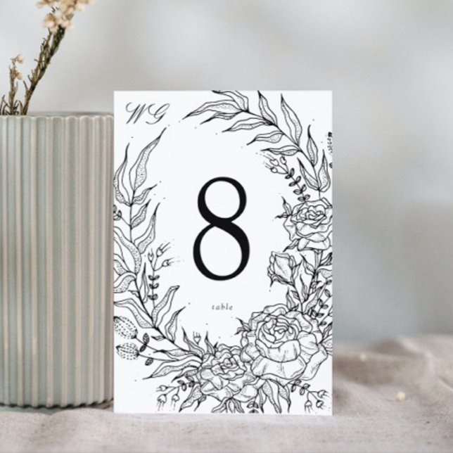 Editable Black Flower White Wreath Wedding Table Number (Creator Uploaded)