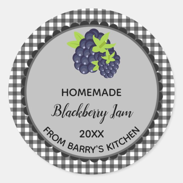 Editable Black Gingham Blackberry Jam Labels (Front)