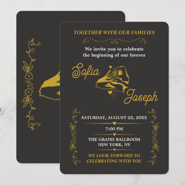 Editable Black Gold Engagement Party Invitation (Front/Back)