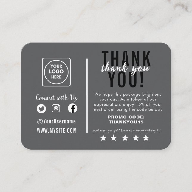 Editable Black Luxury Thank You Note Card (Front)
