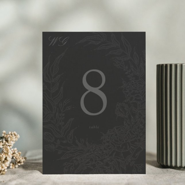 Editable Black on Black Floral Wreath Wedding Table Number (Creator Uploaded)