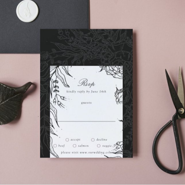 Editable Black on Black Flower Wreath Wedding RSVP Card (Creator Uploaded)