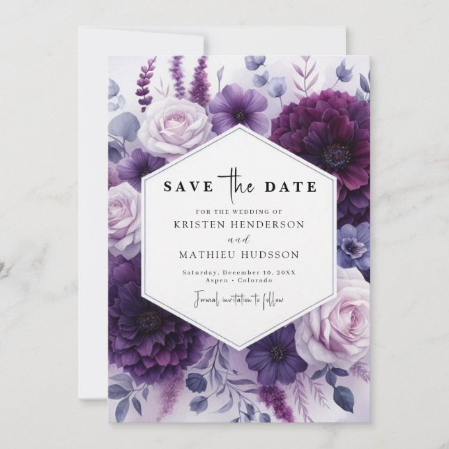 Editable Bloom Purple Floral Wedding  Save The Date (Front)
