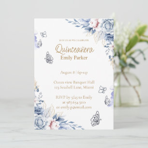 Editable Blue and Gold Quinceañera Invitation