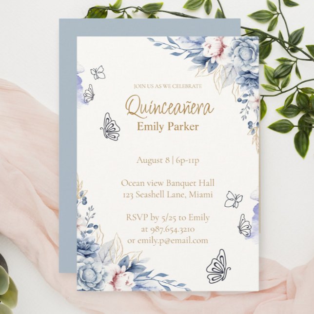 Editable Blue and Gold Quinceañera Invitation (Creator Uploaded)