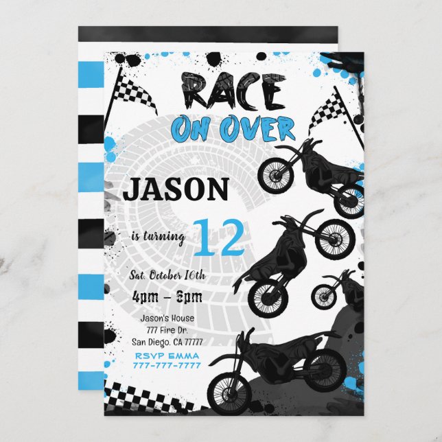 Editable Blue Bike Birthday Invitation  (Front/Back)