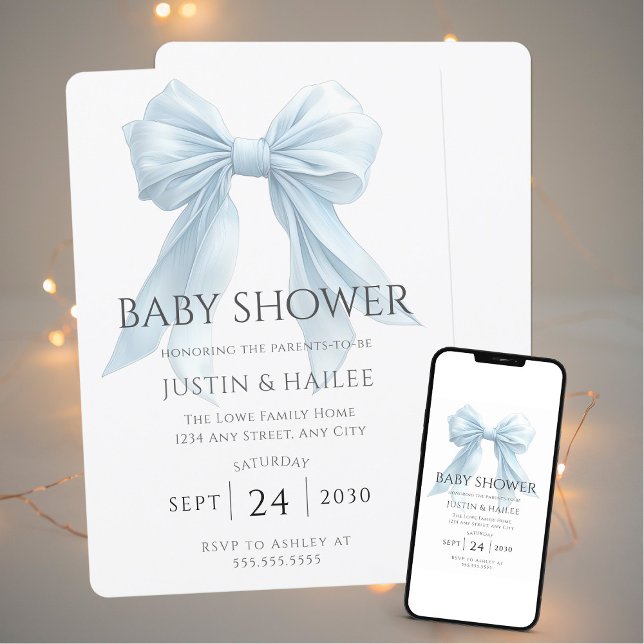 Editable Blue Bow Girl Coquette Baby Shower Invitation (Creator Uploaded)