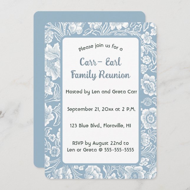 Editable Blue Floral  Invitation (Front/Back)
