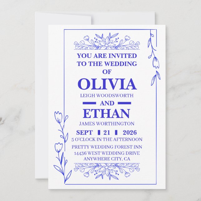 Editable Blue Floral Wedding Invitation Card (Front)