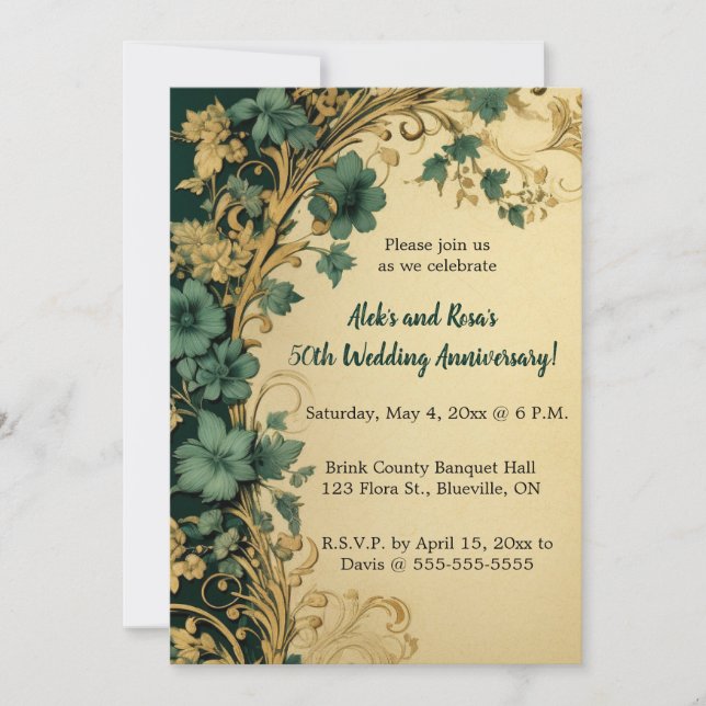 Editable Blue Flowers Gold Swirls Anniversary Invitation (Front)