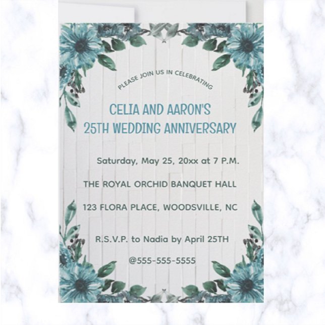 Editable Blue Flowers on Grey Wood Anniversary Invitation (Creator Uploaded)