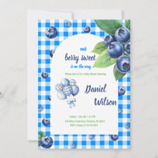 Editable Blue Gingham Charming Berry Green Leaves Invitation