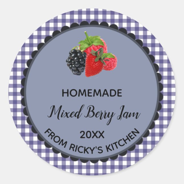 Editable Blue Gingham Mixed Berry Jam Label Sticke (Front)