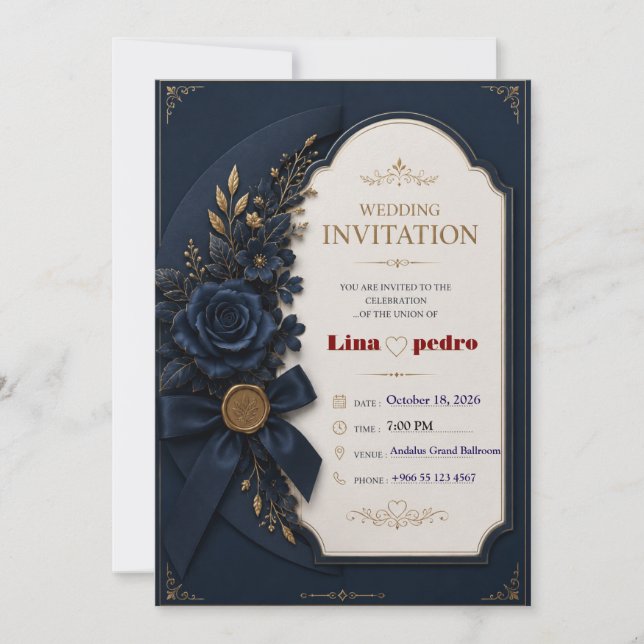 Editable  Blue & Gold Wedding Invitation Template (Front)