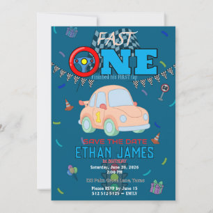 Editable Blue Racing Boy 1st Birthday Invitation
