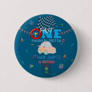 Editable Blue Racing Boy 1st Birthday Invitation 6 Cm Round Badge