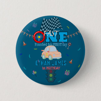 Editable Blue Racing Boy 1st Birthday Invitation 6 Cm Round Badge