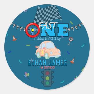 Editable Blue Racing Boy 1st Birthday Invitation Classic Round Sticker