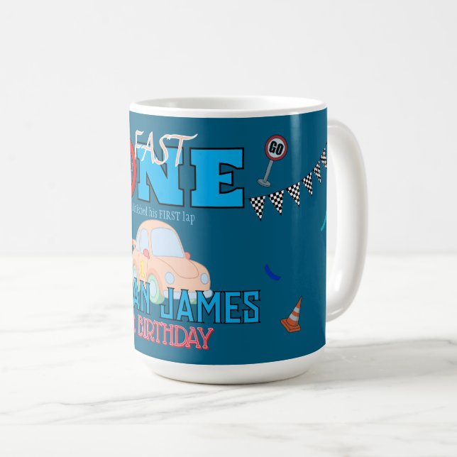 Editable Blue Racing Boy 1st Birthday Invitation Coffee Mug (Front Right)