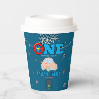 Editable Blue Racing Boy 1st Birthday Invitation Paper Cups