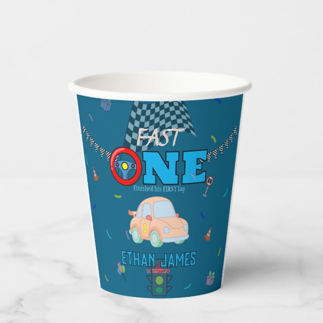 Editable Blue Racing Boy 1st Birthday Invitation Paper Cups (Front)
