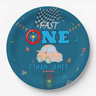 Editable Blue Racing Boy 1st Birthday Invitation Paper Plate