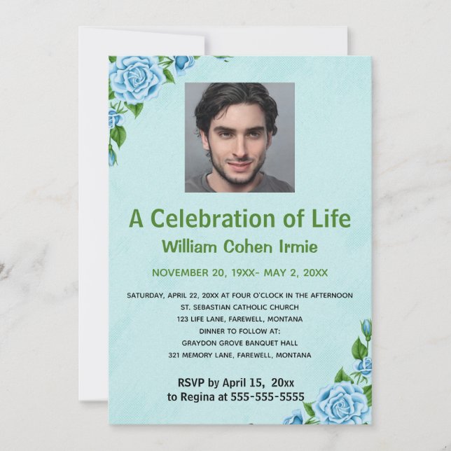 Editable Blue Roses  Photo Celebration of Life   Invitation (Front)