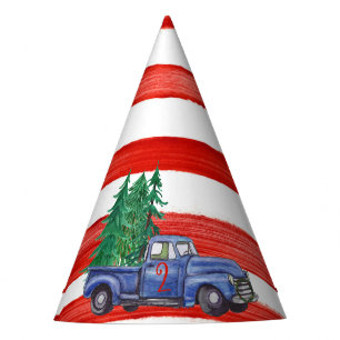 Editable Blue Truck Themed Red Stripe Party Hat