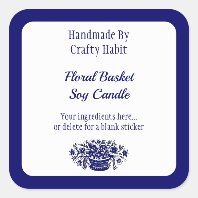 Editable Blue White Vintage Flowers Square Labels (Front)