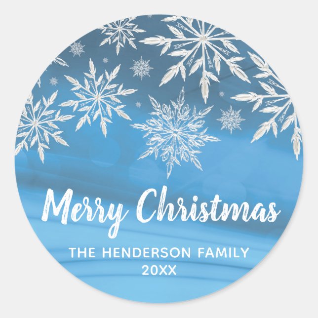 Editable Blue Winter Snowflake Merry Christmas Classic Round Sticker (Front)