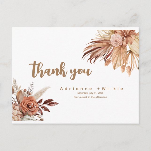 Editable Boho and Pampas Thank you card. Postcard (Front)
