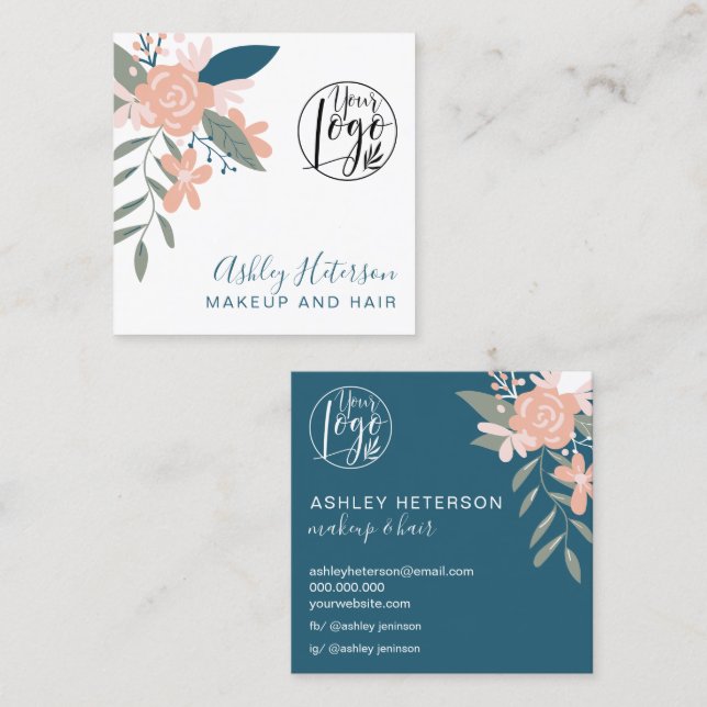 Editable boho floral pink blue logo hair makeup square business card (Front/Back)