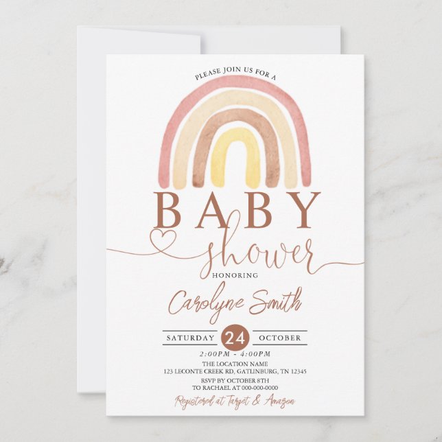 Editable Boho Rainbow Baby Shower Invitation (Front)