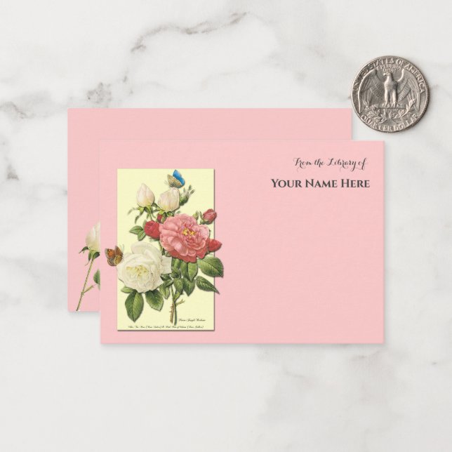 Editable Botanical White Red Roses Library of Card (Front/Back In Situ)