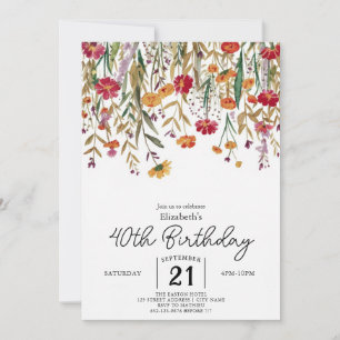 Editable Botanical Wildflowers 40th birthday Invitation