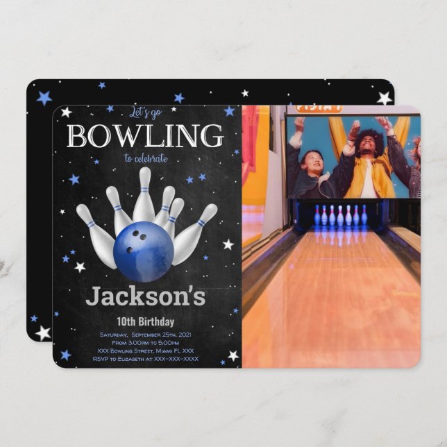 Editable Boy Bowling Photo Invitation (Front/Back)