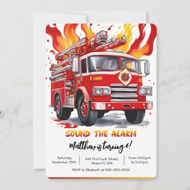 Editable Boy Fire Truck Birthday Invitation (Front)