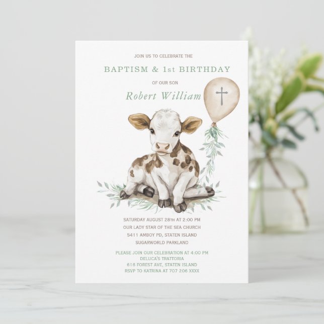 Editable Boy First Birthday and Baptism Invitation (Standing Front)