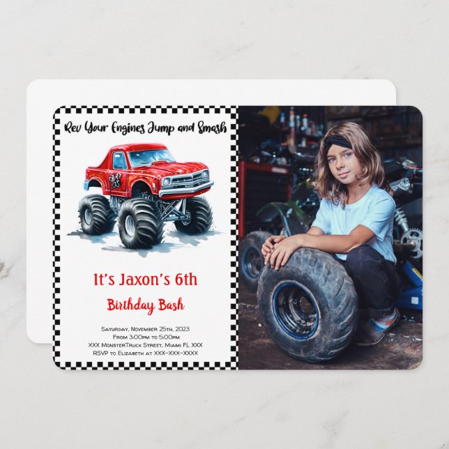 Editable Boy Monster Truck Birthday Photo  Invitation (Front/Back)
