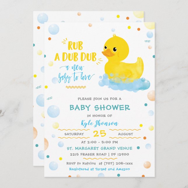 Editable Boy Rubber Duck Baby Shower Invitation (Front/Back)