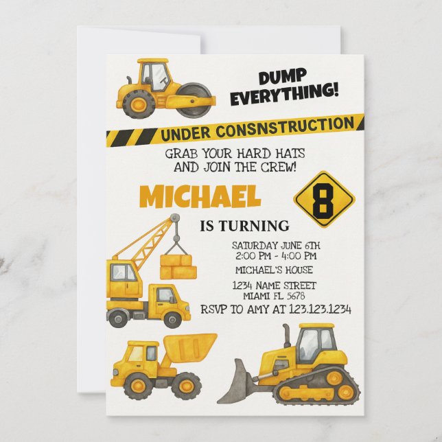 Editable Boys Construction Birthday Invitations (Front)