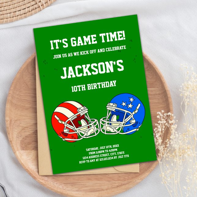 Editable Boys Game Day Party Invite (Green Blue Football Birthday Invitations)
