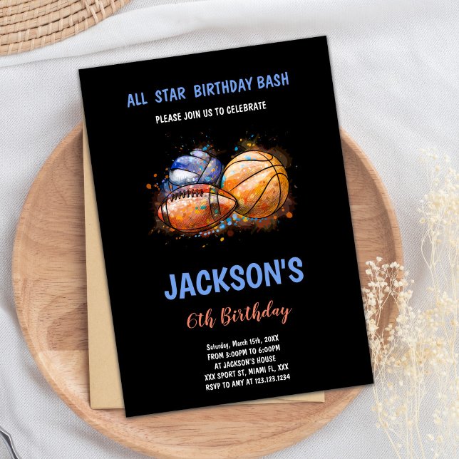 Editable Boys Multi-Sport Party Invite (Paint Black Sports Birthday Invitations)