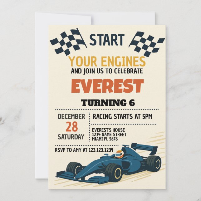 Editable Boys Racing Party Invite with Chequered (Front)